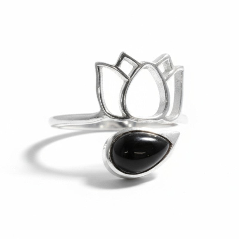 Bague réglable Obsidienne noire Mexique AA argent 925