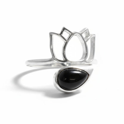Bague réglable Obsidienne noire Mexique AA argent 925