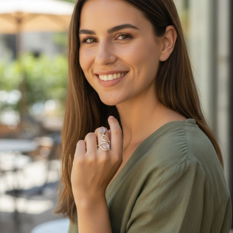 Bague réglable quartz rose Brésil AA argent 925
