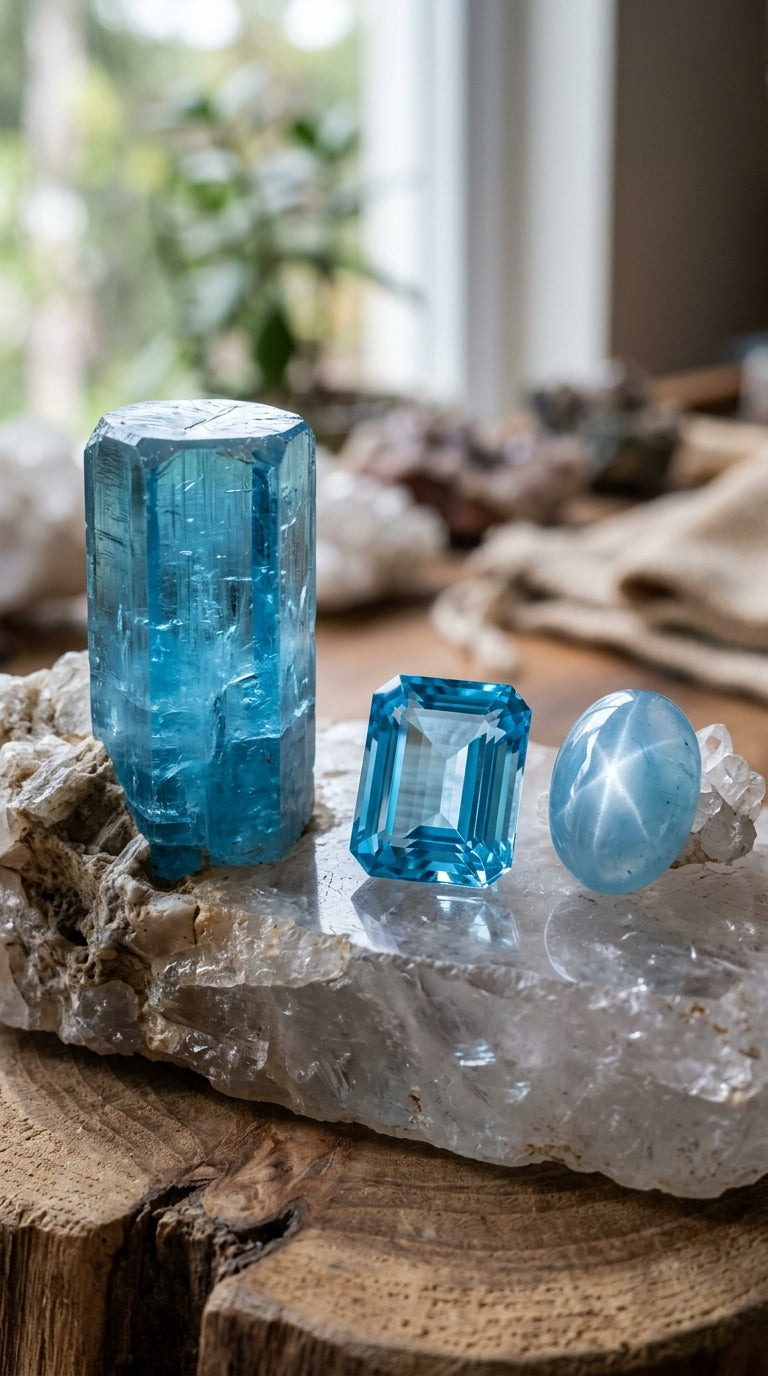 Cristal brut et pierres taillées d'aigue-marine bleue
