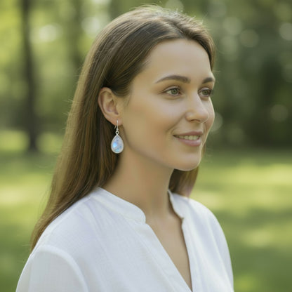 Rainbow moonstone (peristerite) drop earrings India AA silver 925