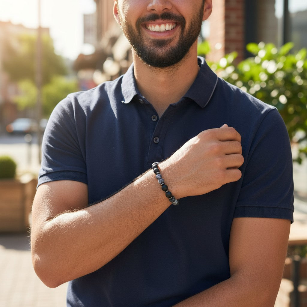 Bracelet Homme: onyx dépoli,  hématite, agate toile d&