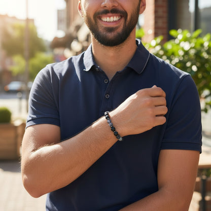 Pulsera para hombre: ónix esmerilado, hematita, ágata telaraña A (bolas de 8 mm)