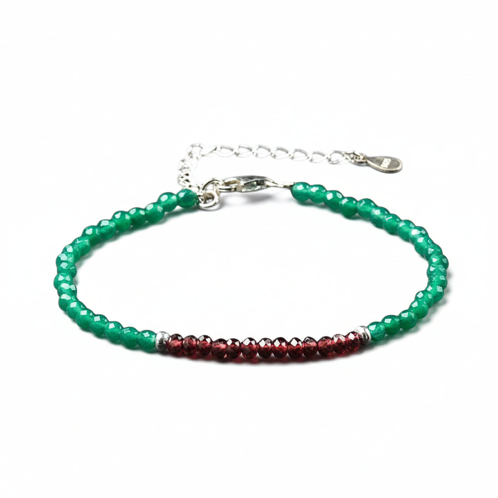 Bracelet agate teintée verte grenat perles facettées argent 925