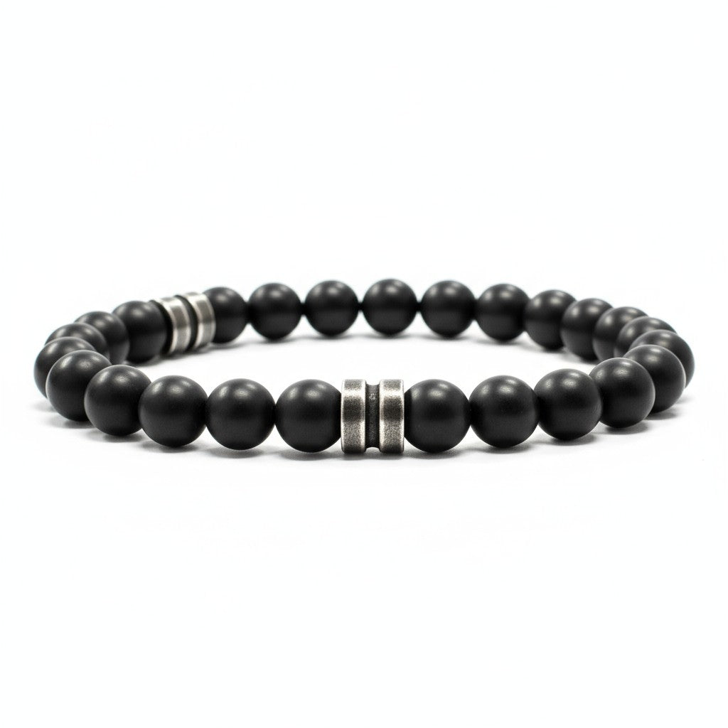 Bracelet Homme: onyx dépoli rondelle acier (boules 7-8mm)