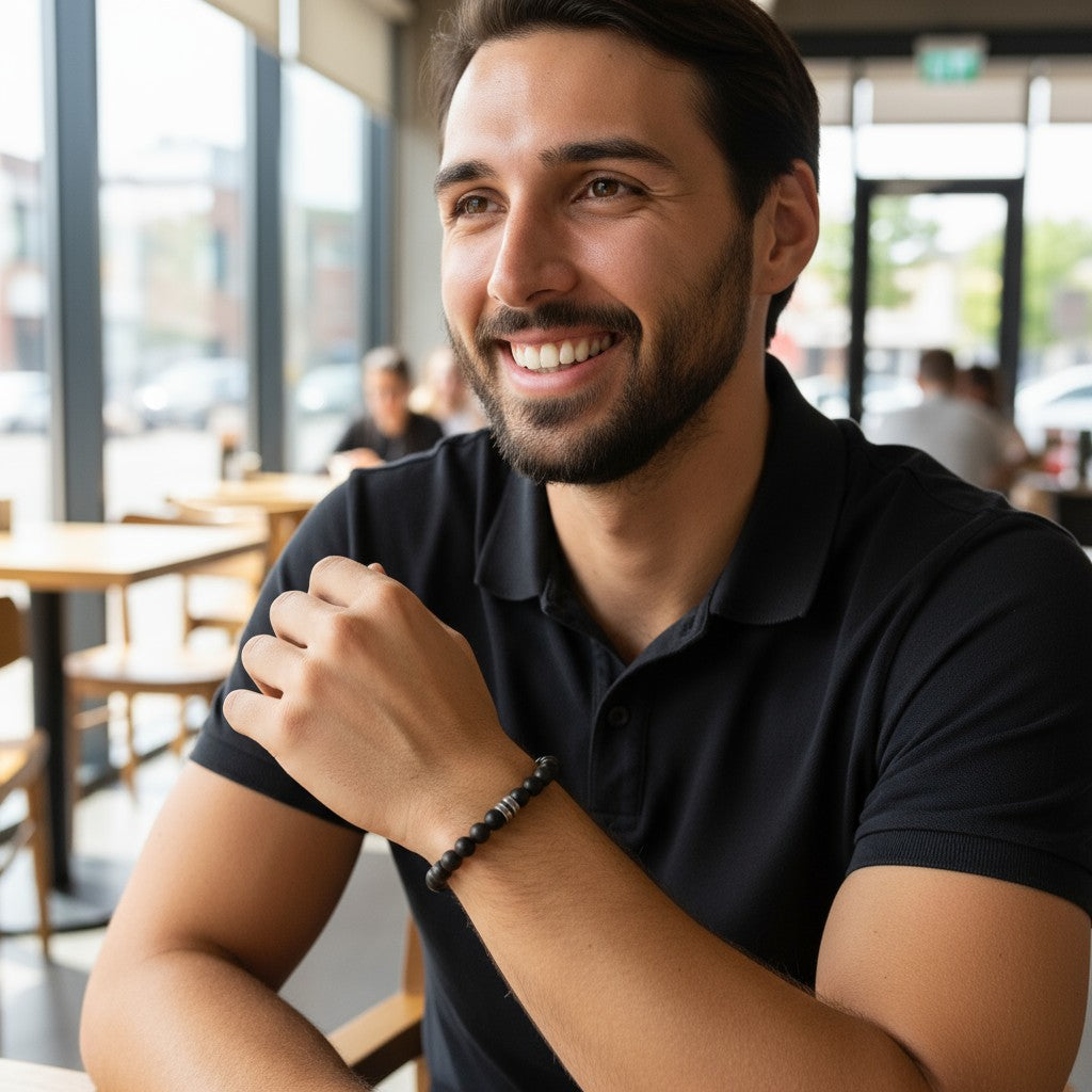 Bracelet Homme: onyx dépoli rondelle acier (boules 7-8mm)