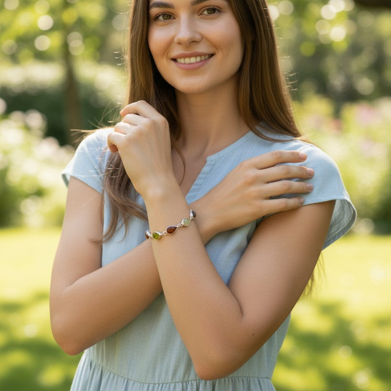 Bracelet Ambre multicolore Lituanie AA argent 925