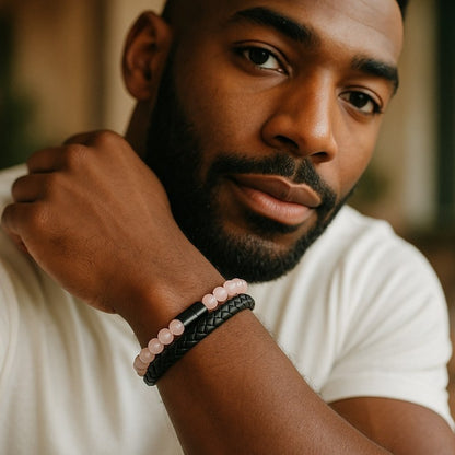 Men's rose quartz leather bracelet (5-6mm balls) – La Boite à Cailloux