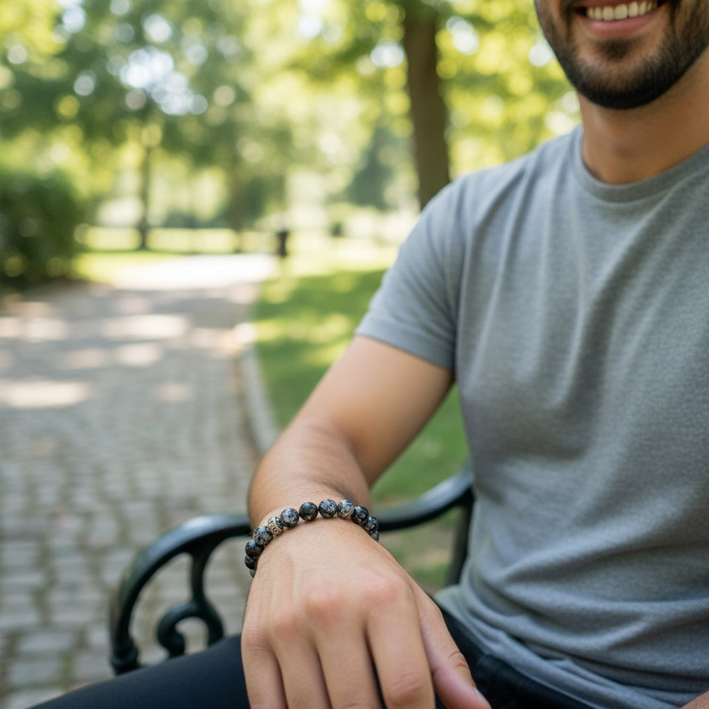 Pulsera de hombre: obsidiana nieve, ónix esmerilado (bolas de 10 mm)