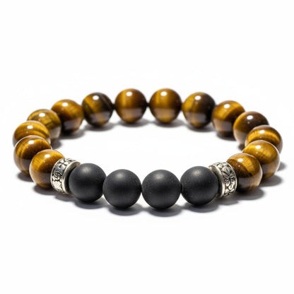 Bracelet Homme: oeil de tigre, onyx dépoli (boules 10mm)