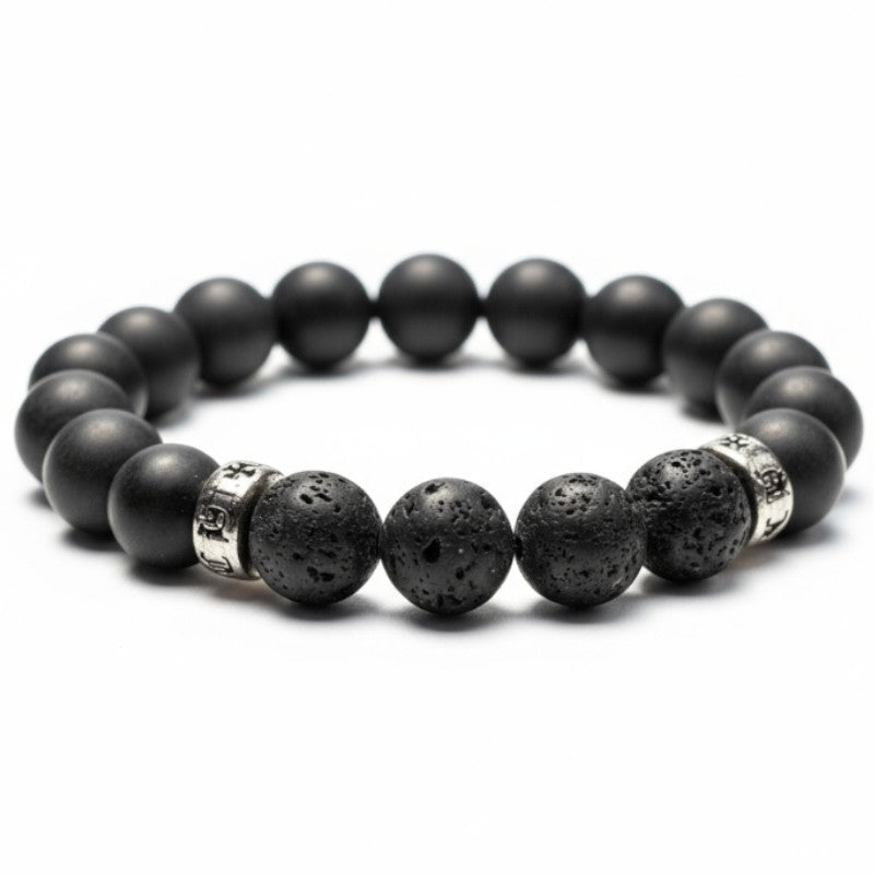 Pulsera de hombre: ónix esmerilado, piedra de lava (bolas de 10 mm)