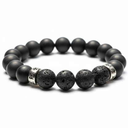 Pulsera de hombre: ónix esmerilado, piedra de lava (bolas de 10 mm)