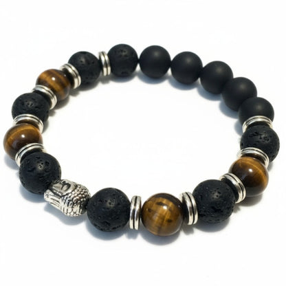 Pulsera de hombre: ónix esmerilado, ojo de tigre, piedra de lava A (bolas de 10 mm)
