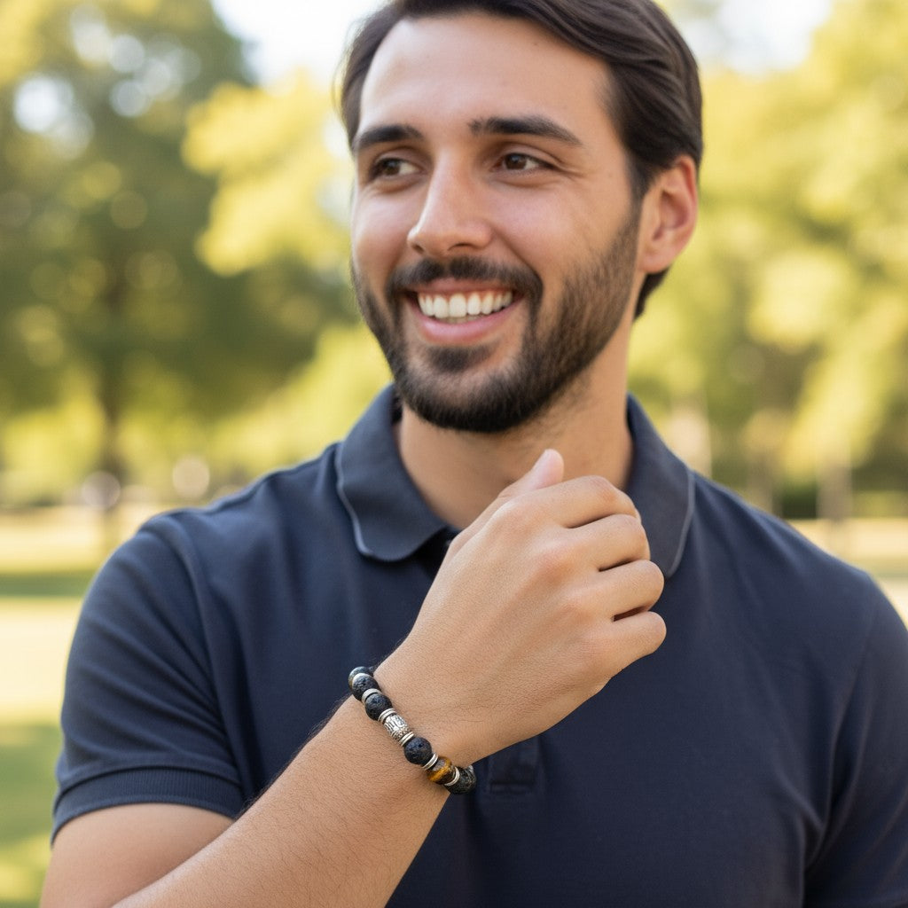 Pulsera de hombre: ónix esmerilado, ojo de tigre, piedra de lava A (bolas de 10 mm)