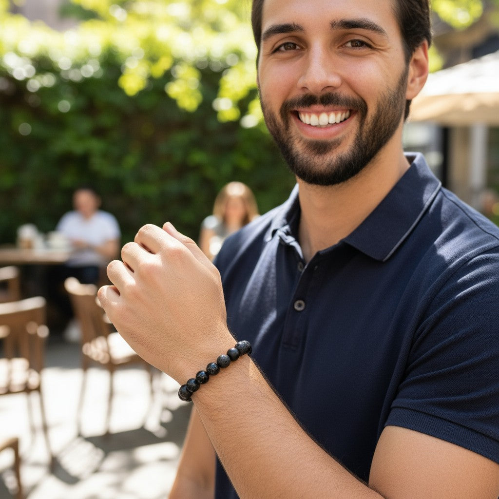 Pulsera de hombre: ónix, ónix esmerilado, piedra de lava A (bolas de 10 mm)