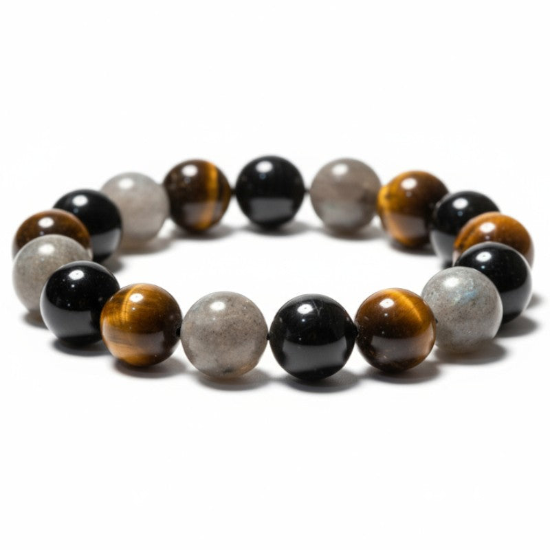 Bracelet Homme protection: oeil de tigre, labradorite, tourmaline noire A (boules 12mm)