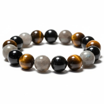 Pulsera de protección para hombre: ojo de tigre, labradorita, turmalina negra A (bolas de 12mm)