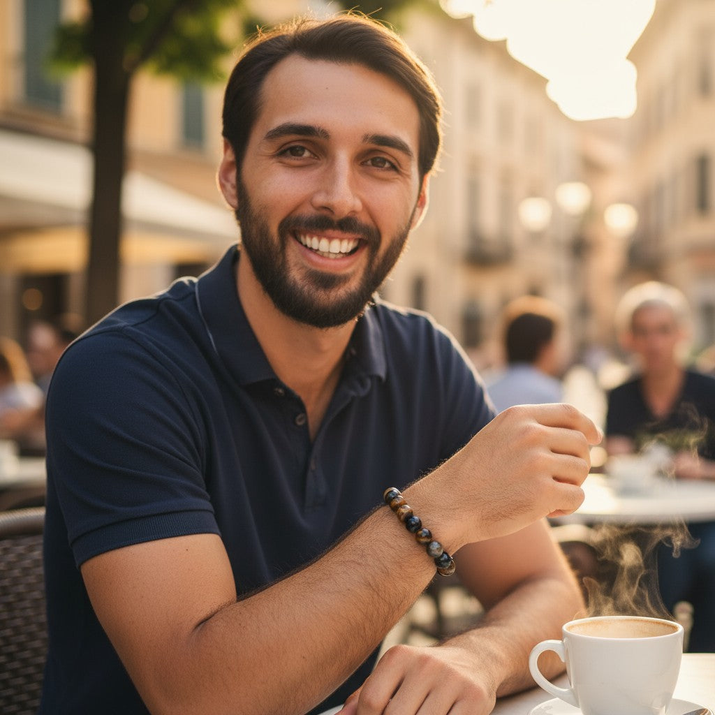 Bracelet Homme protection: oeil de tigre, labradorite, tourmaline noire A (boules 12mm)