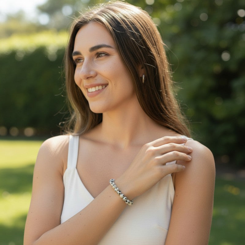 Pulsera de jaspe dálmata de México (Talla A, cuentas de 5-6 mm)