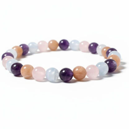 Bracelet multi aigue-marine, lepidolite, pierre de soleil, quartz rose A+ (boules 5-6mm)