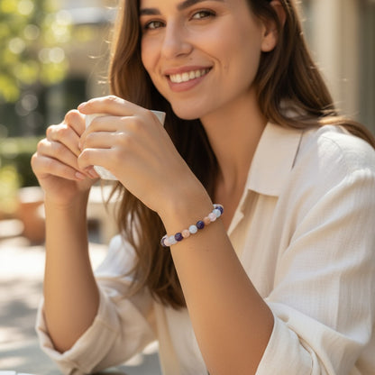 Bracelet multi aigue-marine, lepidolite, pierre de soleil, quartz rose A+ (boules 5-6mm)