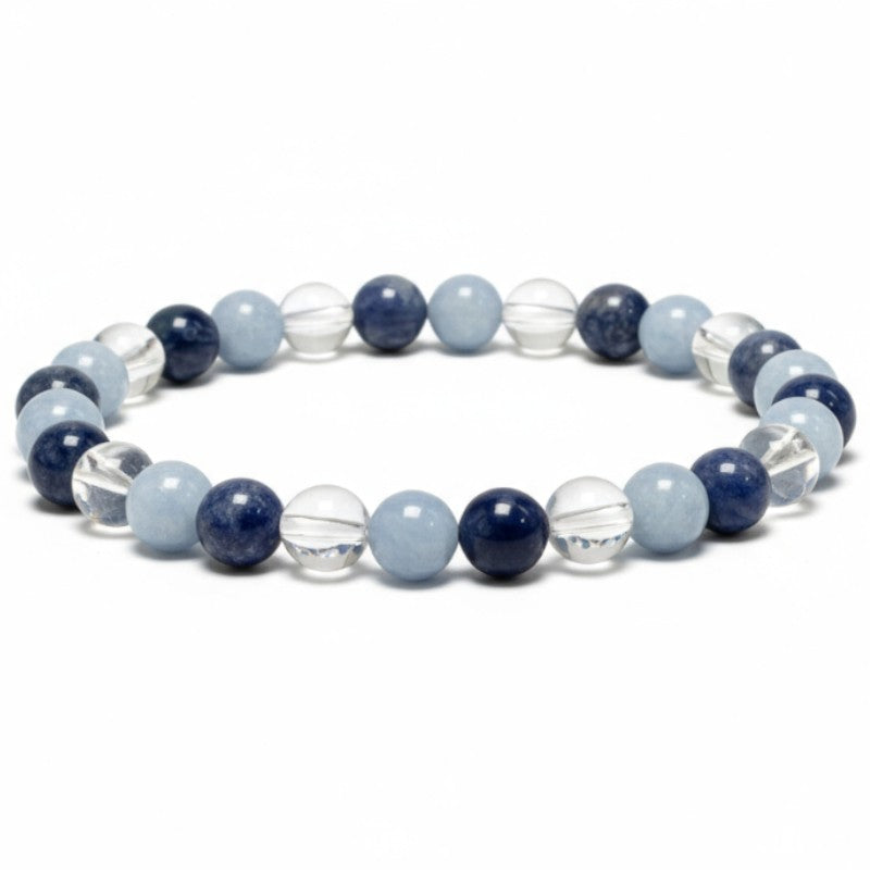 Bracelet multi angelite, cristal de roche, sodalite A+ (boules 5-6mm)