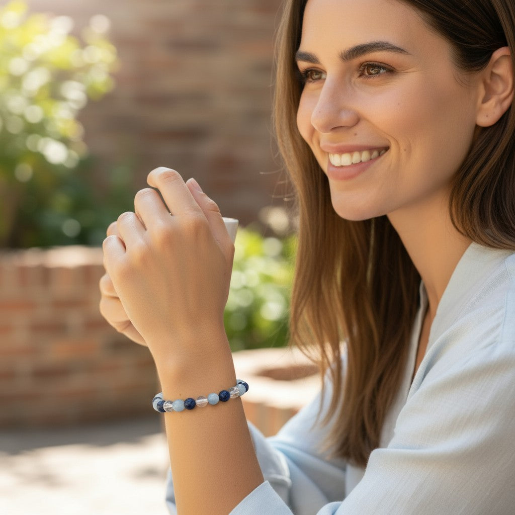 Bracelet multi angelite, cristal de roche, sodalite A+ (boules 5-6mm)