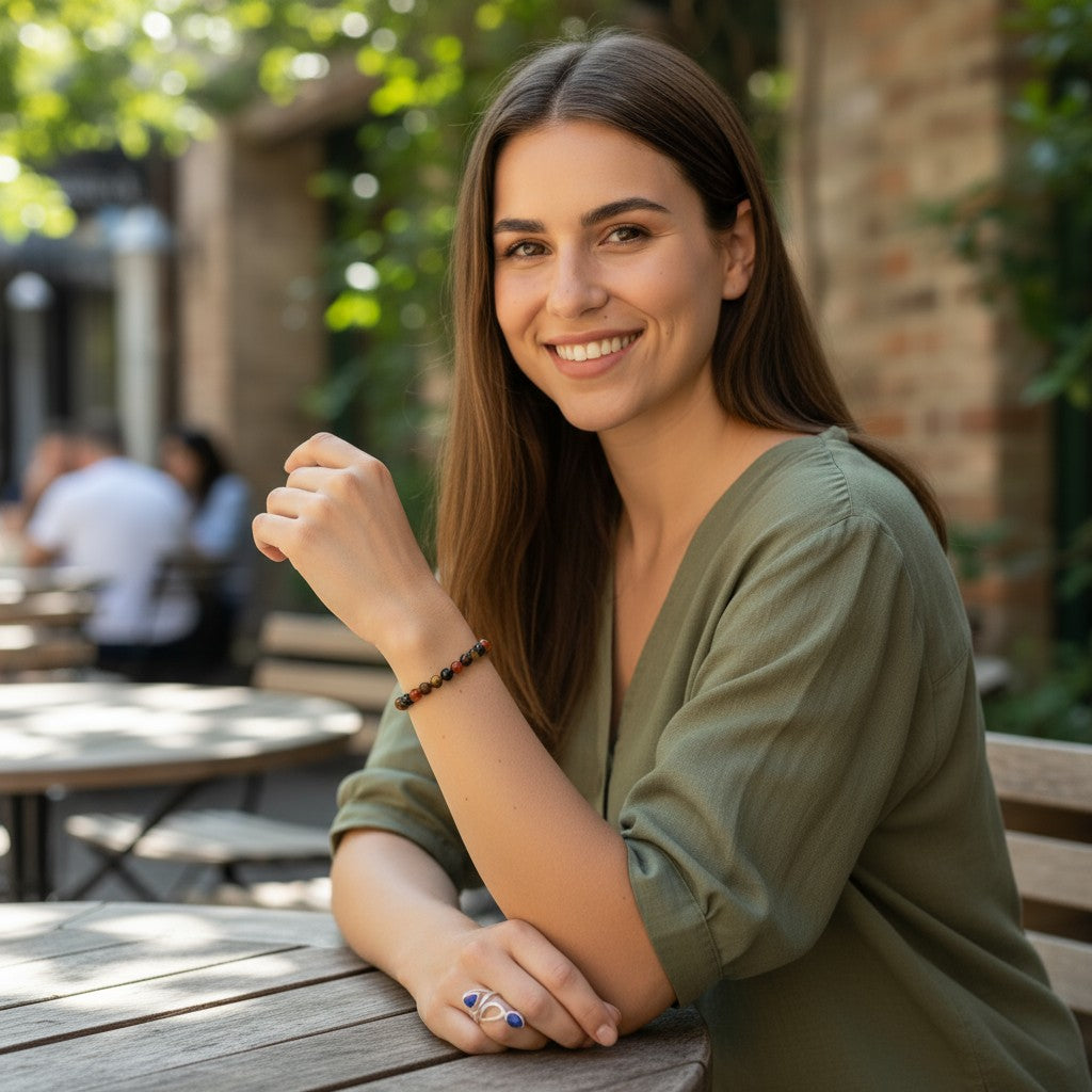 Bracelet multi cornaline, tourmaline, oeil de tigre, oeil de taureau A (boules 5-6mm)