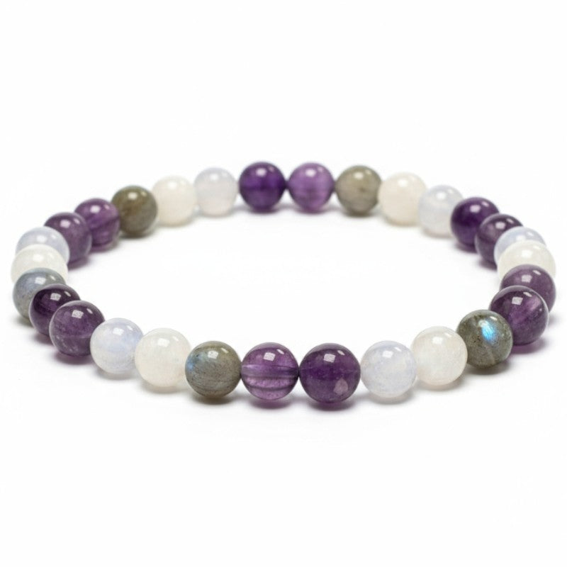 Bracelet multi aigue-marine, améthyste, labradorite, lépidolite, pierre de lune A+ (boules 5-6mm)