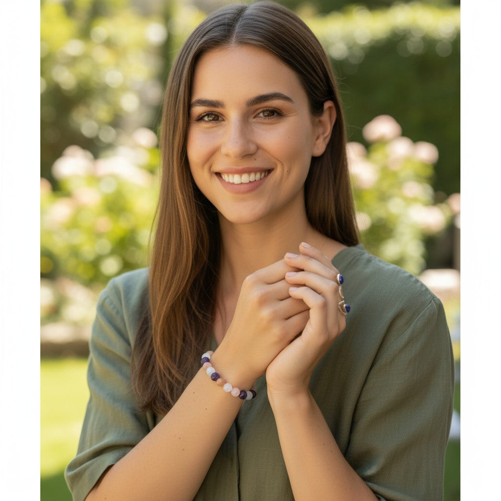 Bracelet multi aigue-marine, améthyste, labradorite, lépidolite, pierre de lune A+ (boules 5-6mm)