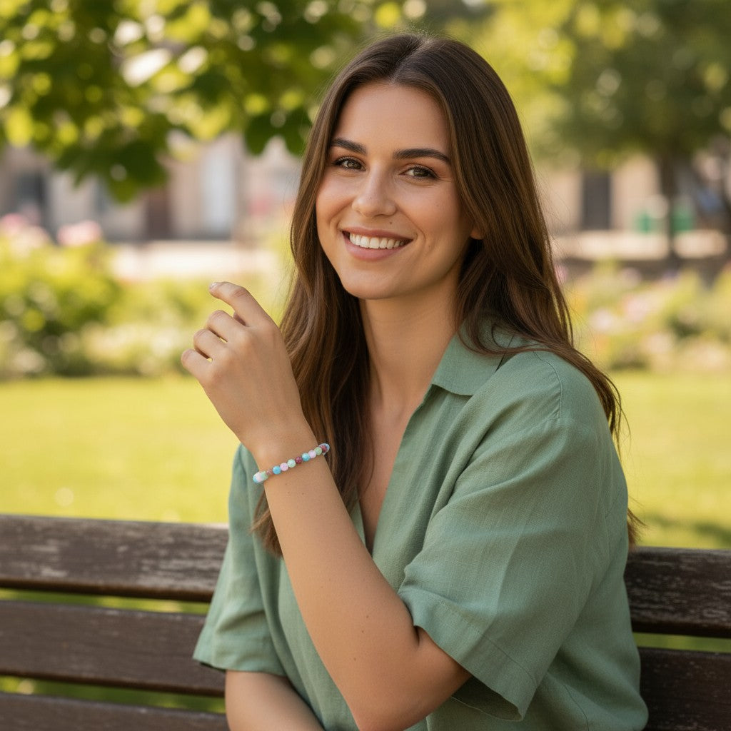 Bracelet multi aigue-marine, amazonite, quartz rose, thulite AA (boules 5-6mm)