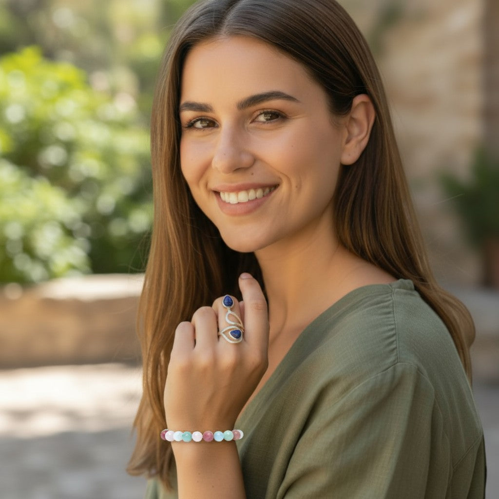 Bracelet multi aigue-marine, amazonite, quartz rose, thulite AA (boules 7-8mm)