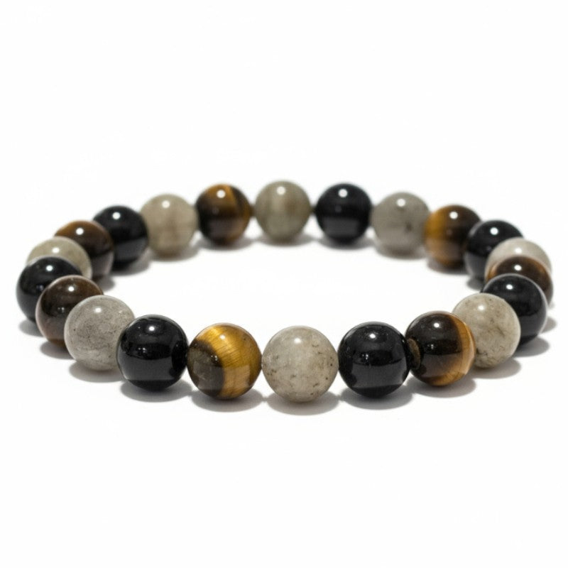 Bracelet protection: oeil de tigre, labradorite, tourmaline noire (boules 7-8mm)