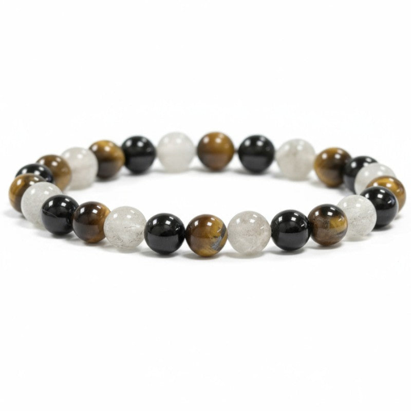 Bracelet protection: oeil de tigre, labradorite, tourmaline noire (boules 5-6mm)