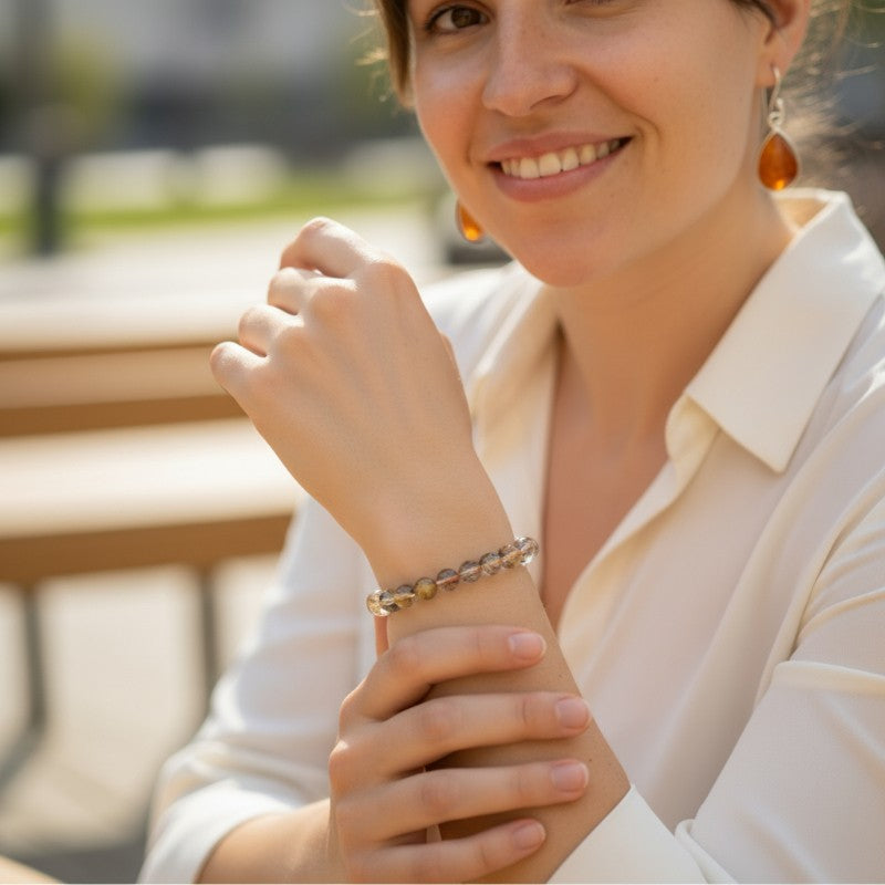 Brazil AAA rutile hematite quartz bracelet (8.5-9.5mm balls)