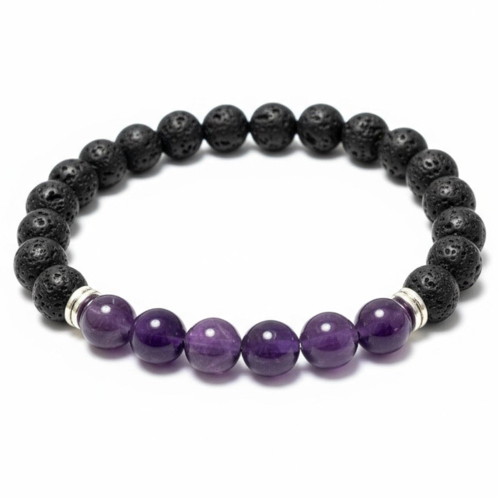 Bracelet &quot;Zodiac&quot; Poisson - Pierre de lave - Améthyste (boules 8mm)