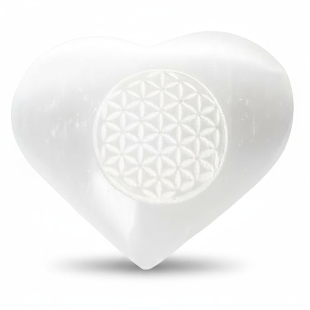 Coeur sélénite Maroc A+ fleur de vie 50mm