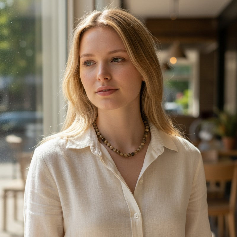 Collier jaspe paysage Namibie A (boules 7-8mm) - 45cm