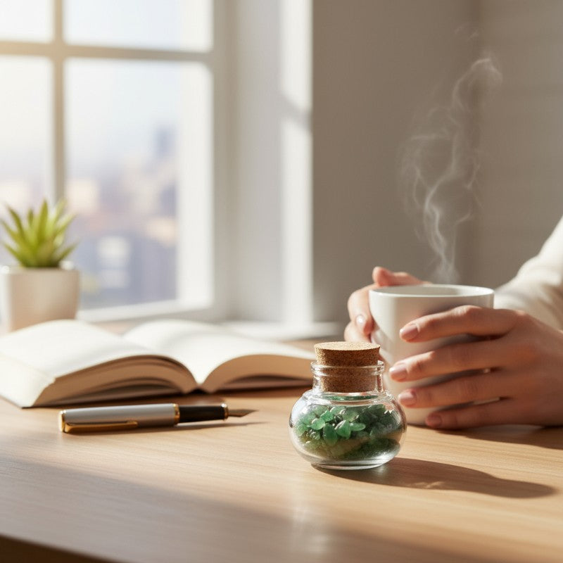 Flacon verre aventurine verte Inde AA (mini-pierre roulée XXS)