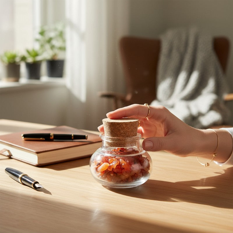 Flacon verre cornaline Inde A (mini-pierre roulée XXS)