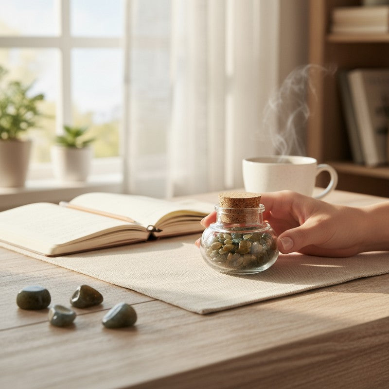 Flacon verre labradorite Madagascar AA (mini-pierre roulée XS)