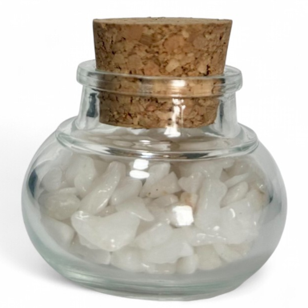 Flacon verre quartz neige Brésil AA (mini-pierre roulée XXS)