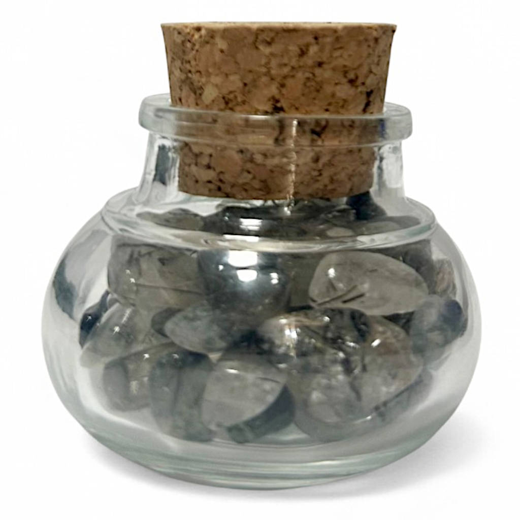 Flacon verre quartz inclusions tourmaline Brésil AA (mini-pierre roulée XS)