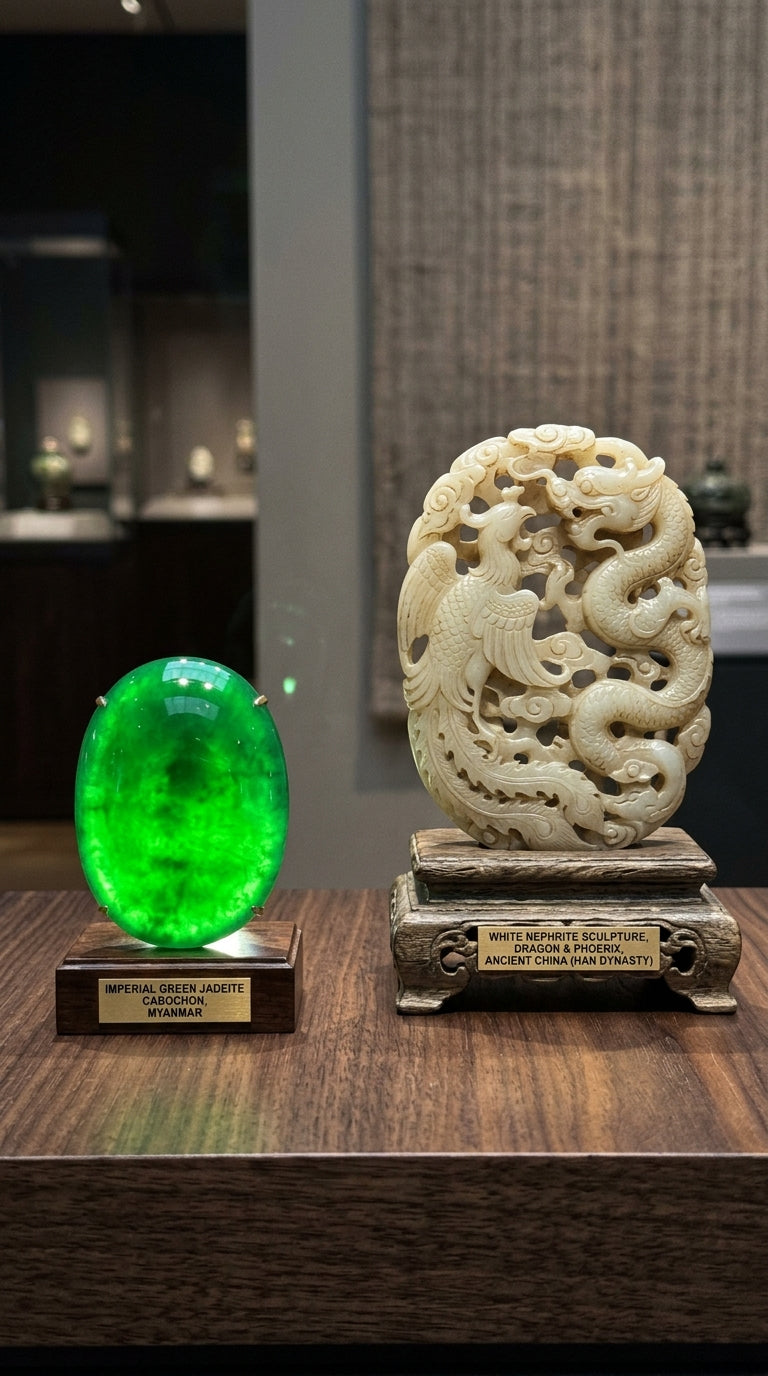 Cabochon de jade vert vif et sculpture de jade blanc