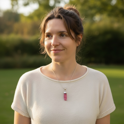 Pink tourmaline pendant on quartz Brazil AA silver 925