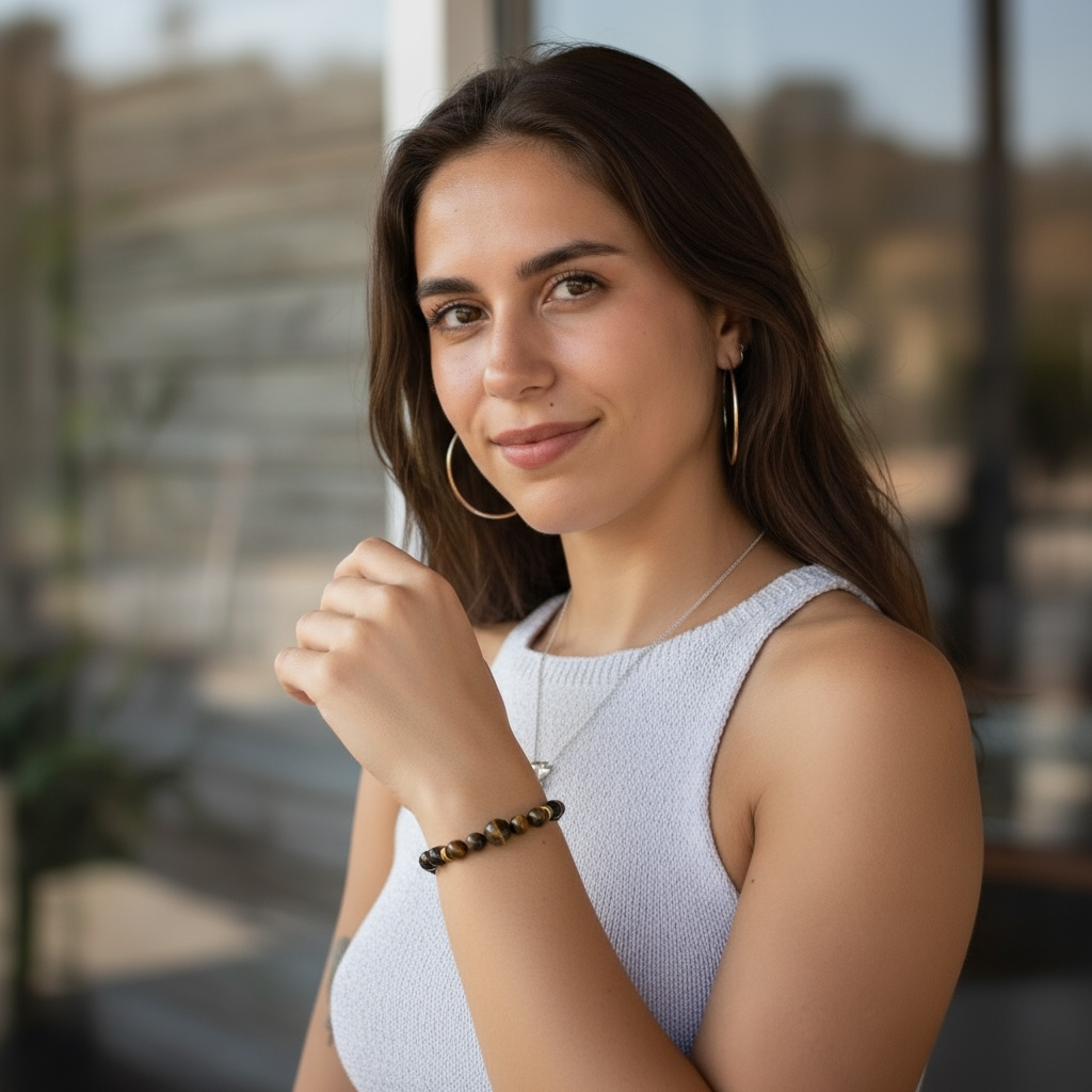 Pulsera A de ónix y ojo de tigre (bolas de 8 mm y 10 mm) - oro