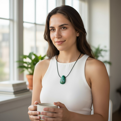 Colgante de malaquita Congo AA (piedra perforada) + cordón