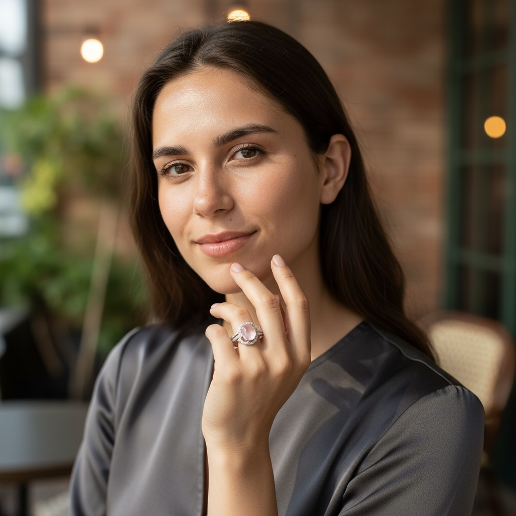 Bague réglable quartz rose Brésil AA+ argent 925