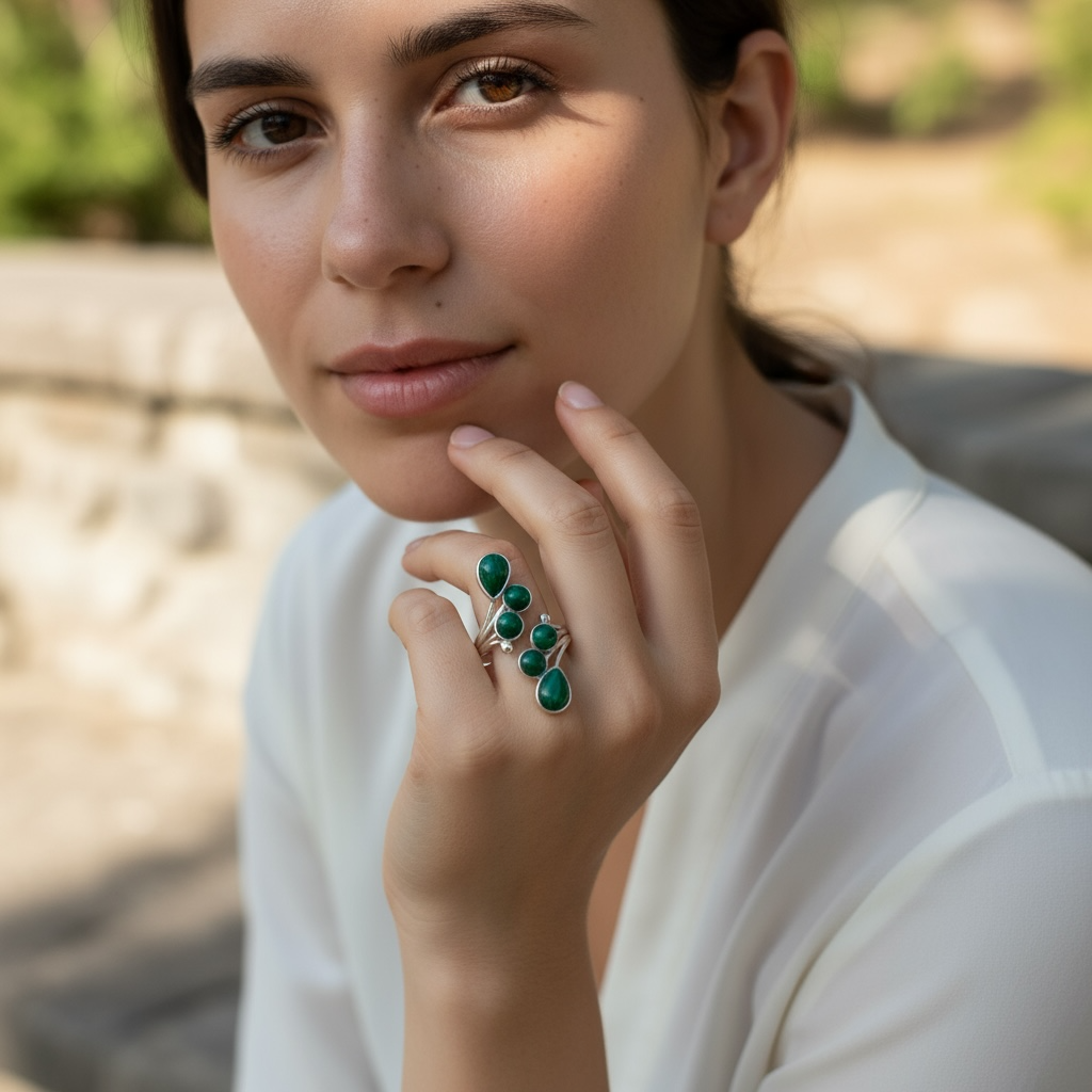 Bague réglable Malachite Congo AA argent 925