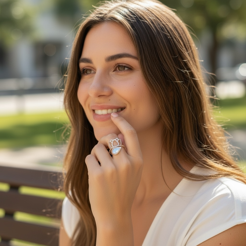 Adjustable ring Rainbow moonstone (Peristerite) India AA silver 925